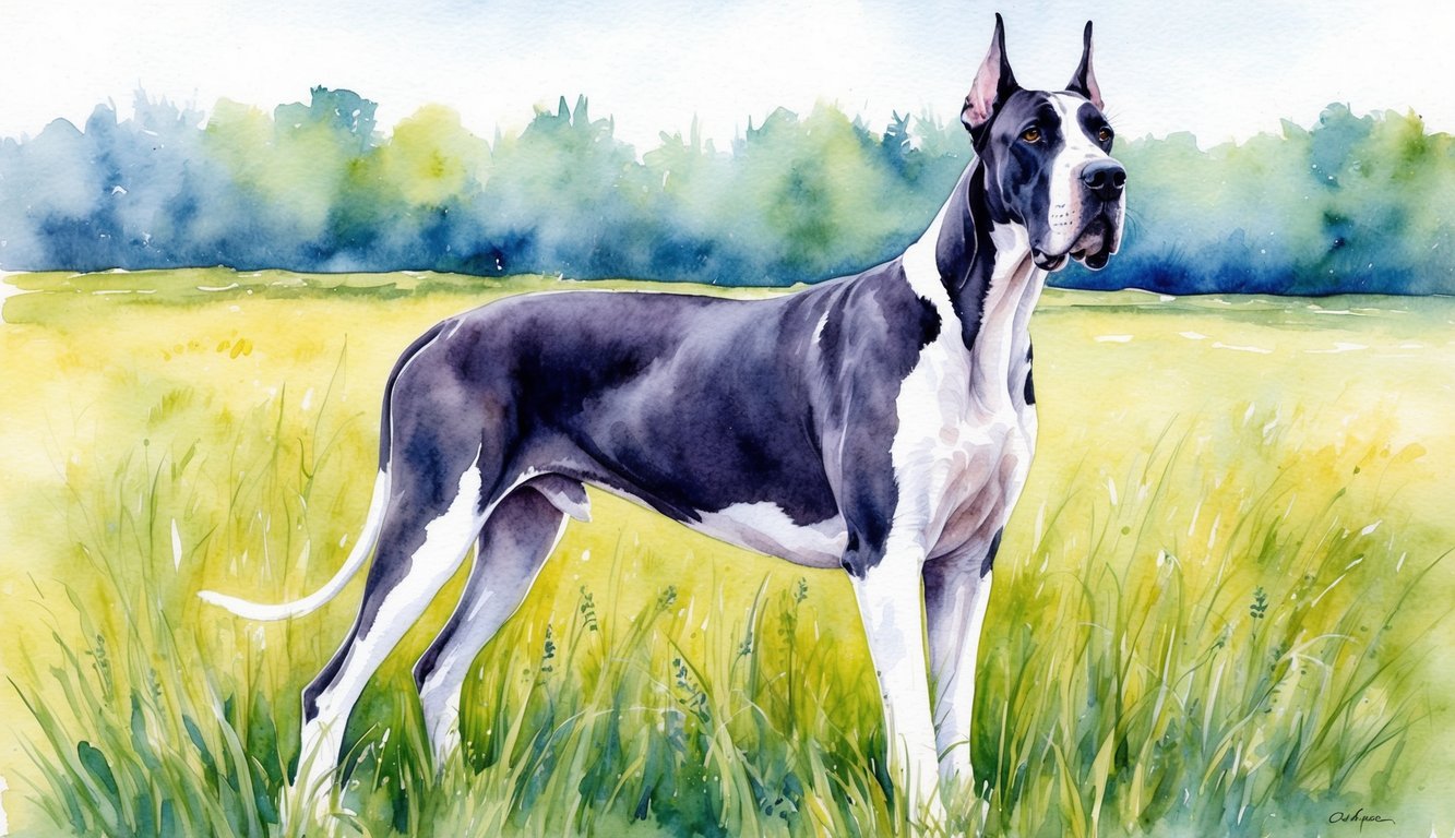 A majestic Great Dane stands proudly in a grassy field, her ears perked and eyes alert, embodying grace and strength