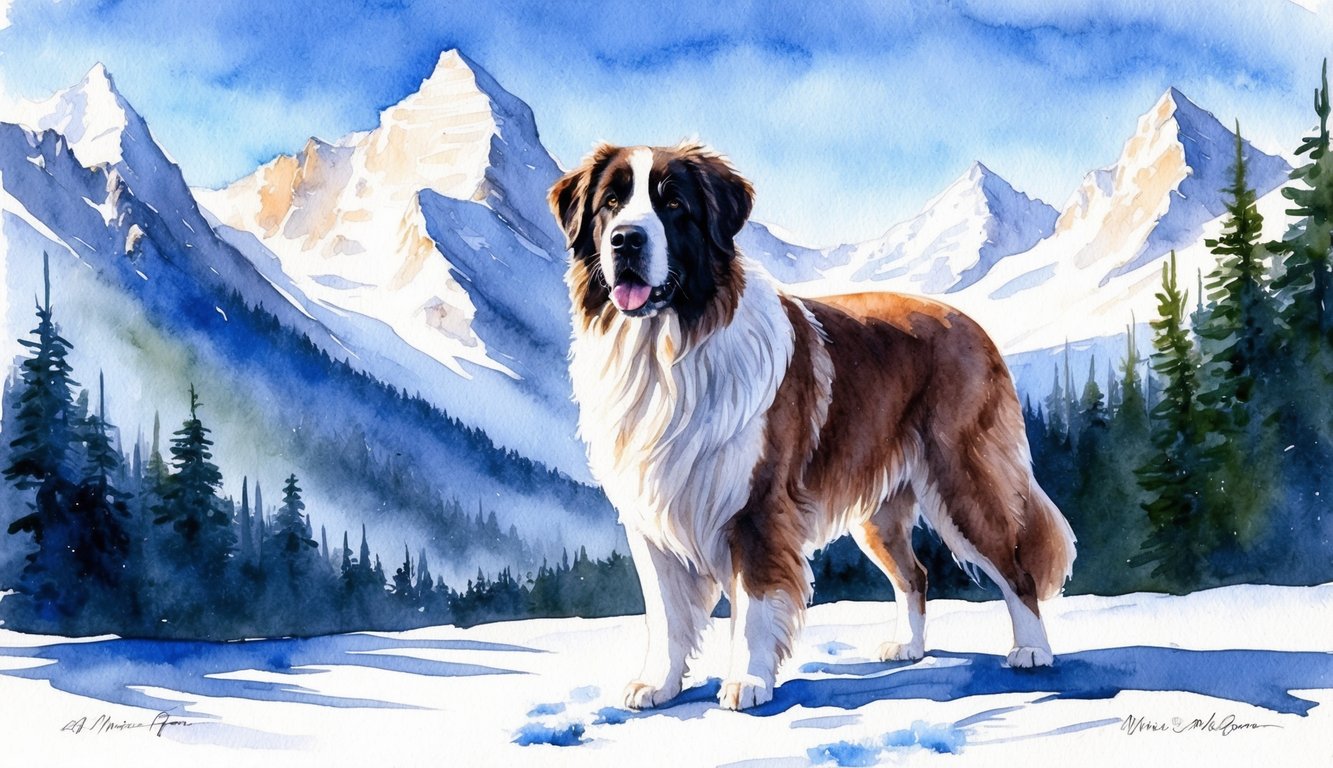 A majestic Great Pyrenees dog stands proudly in a snowy mountain landscape, surrounded by towering peaks and a clear blue sky