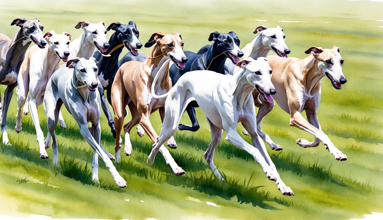 A pack of sleek greyhounds racing across a grassy field, their long legs and streamlined bodies in full stride