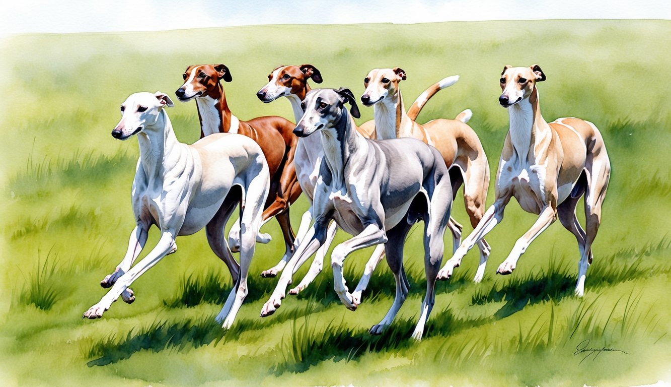 A group of elegant Greyhounds running across a grassy field, their sleek bodies and graceful movements capturing the essence of their regal breed