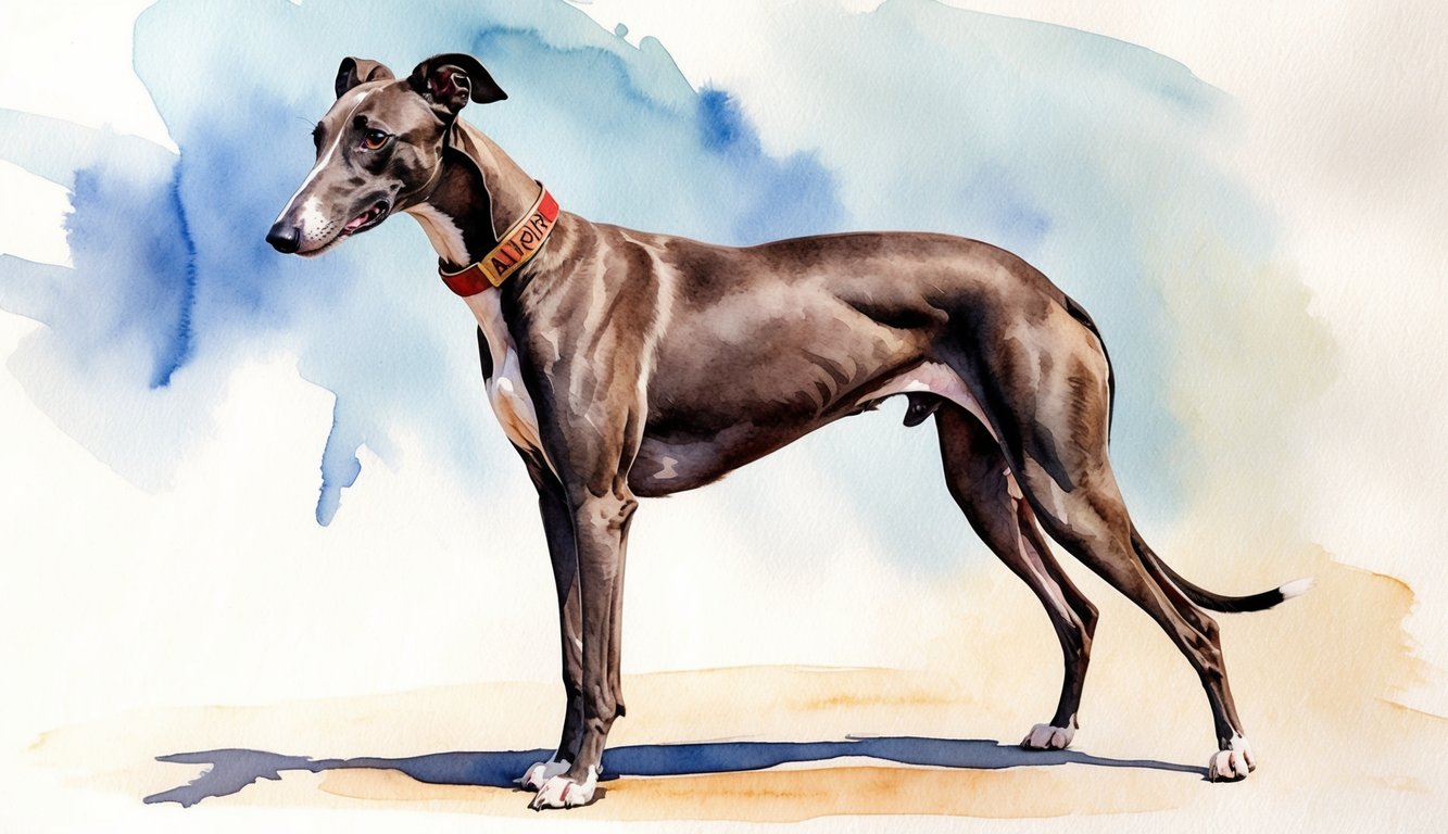 A sleek greyhound stands proudly, ears perked, with a collar displaying a bold name tag