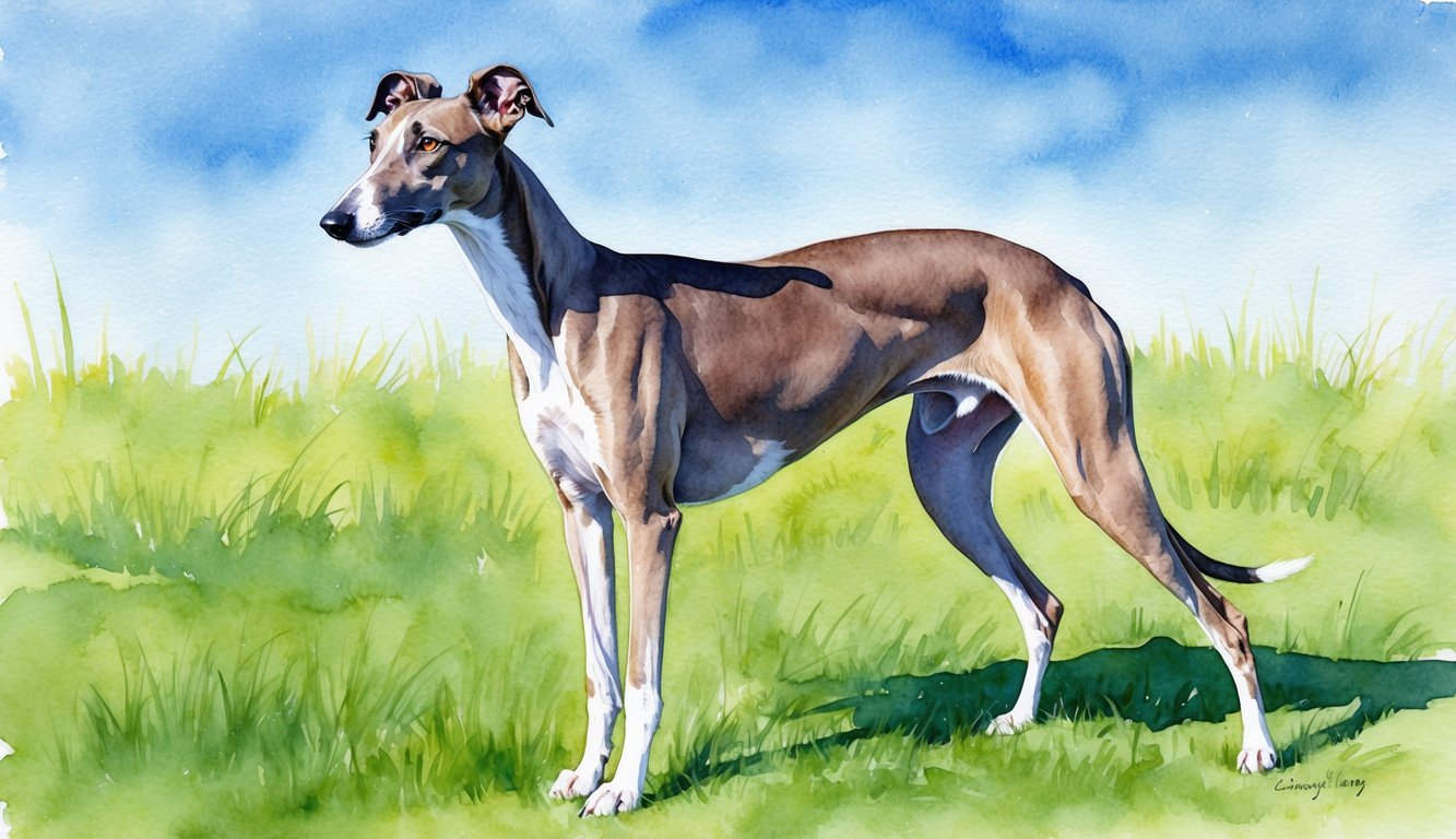 A sleek greyhound stands proudly, her ears perked and eyes alert, in a grassy field under a clear blue sky