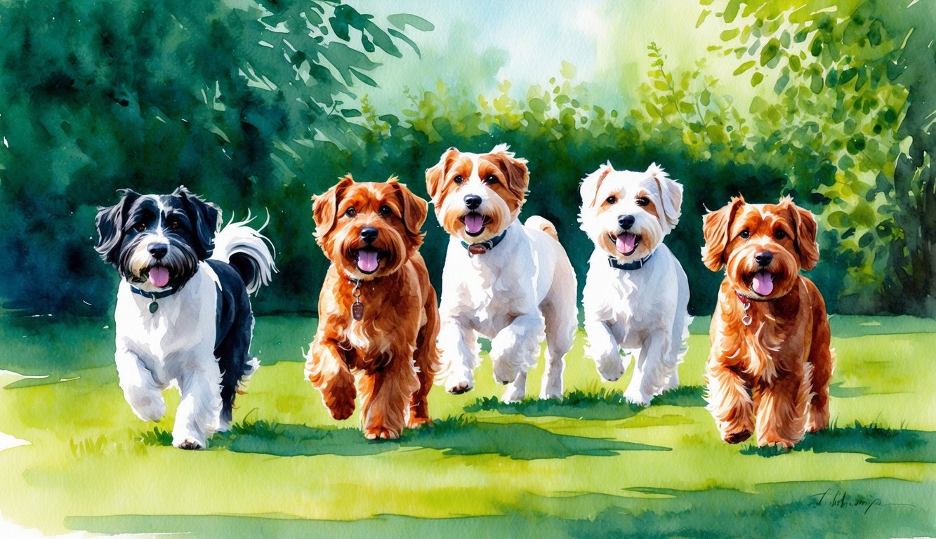 A group of Havanese dogs playing in a lush, green garden