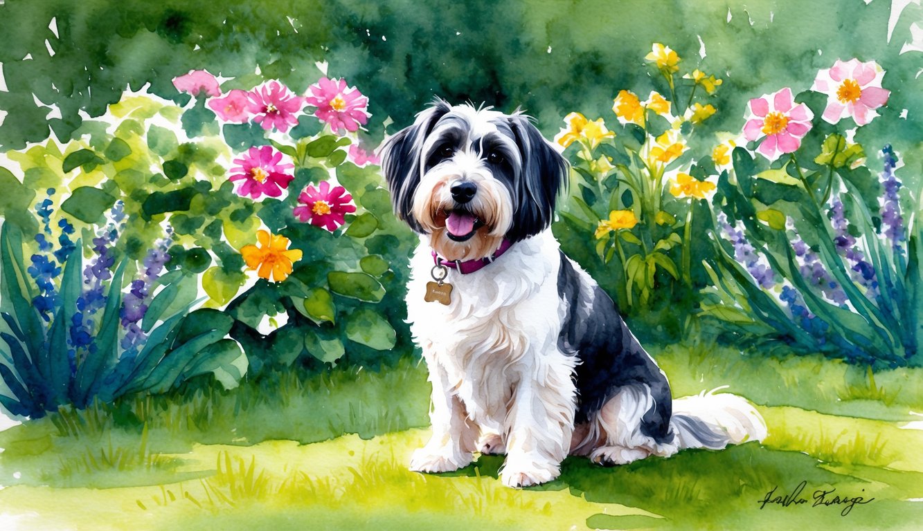 A Havanese dog sitting in a lush garden, surrounded by colorful flowers and greenery, with a name tag hanging from its collar