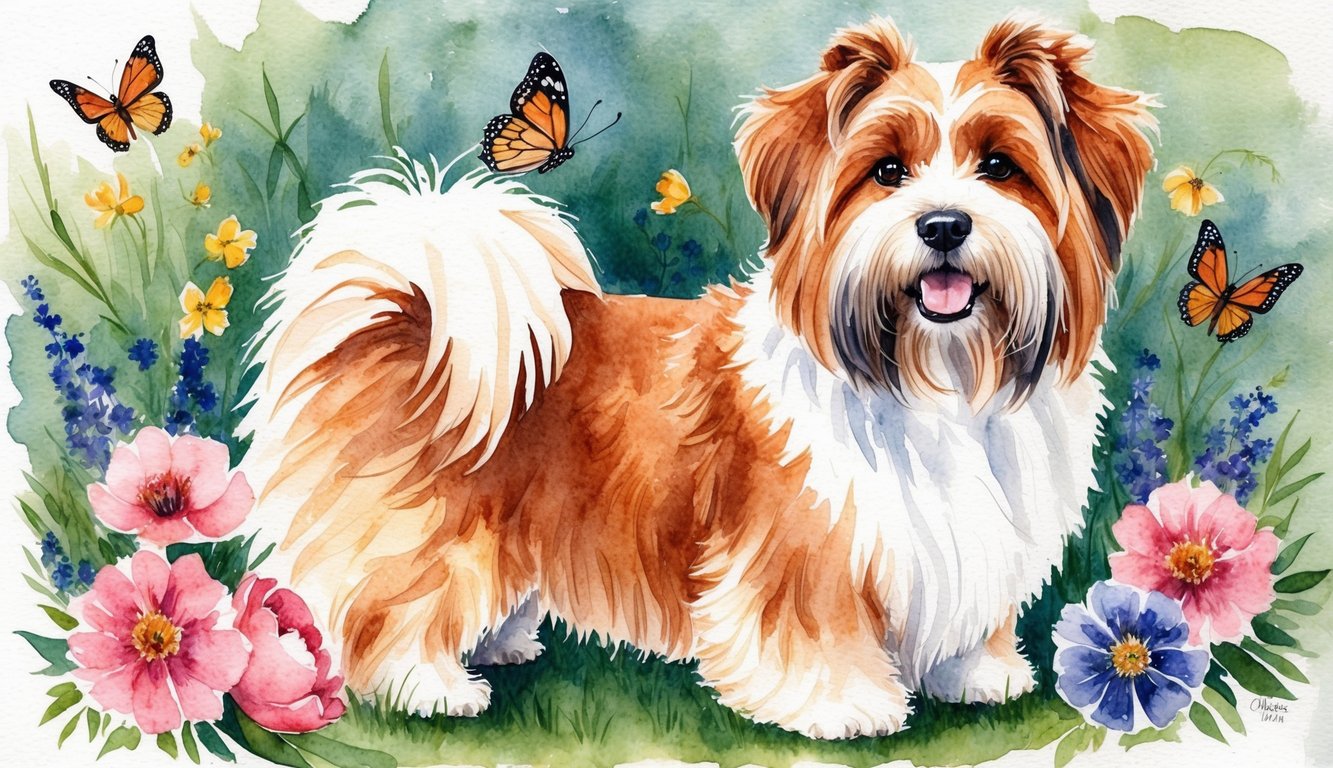 A fluffy Havanese dog surrounded by flowers and butterflies