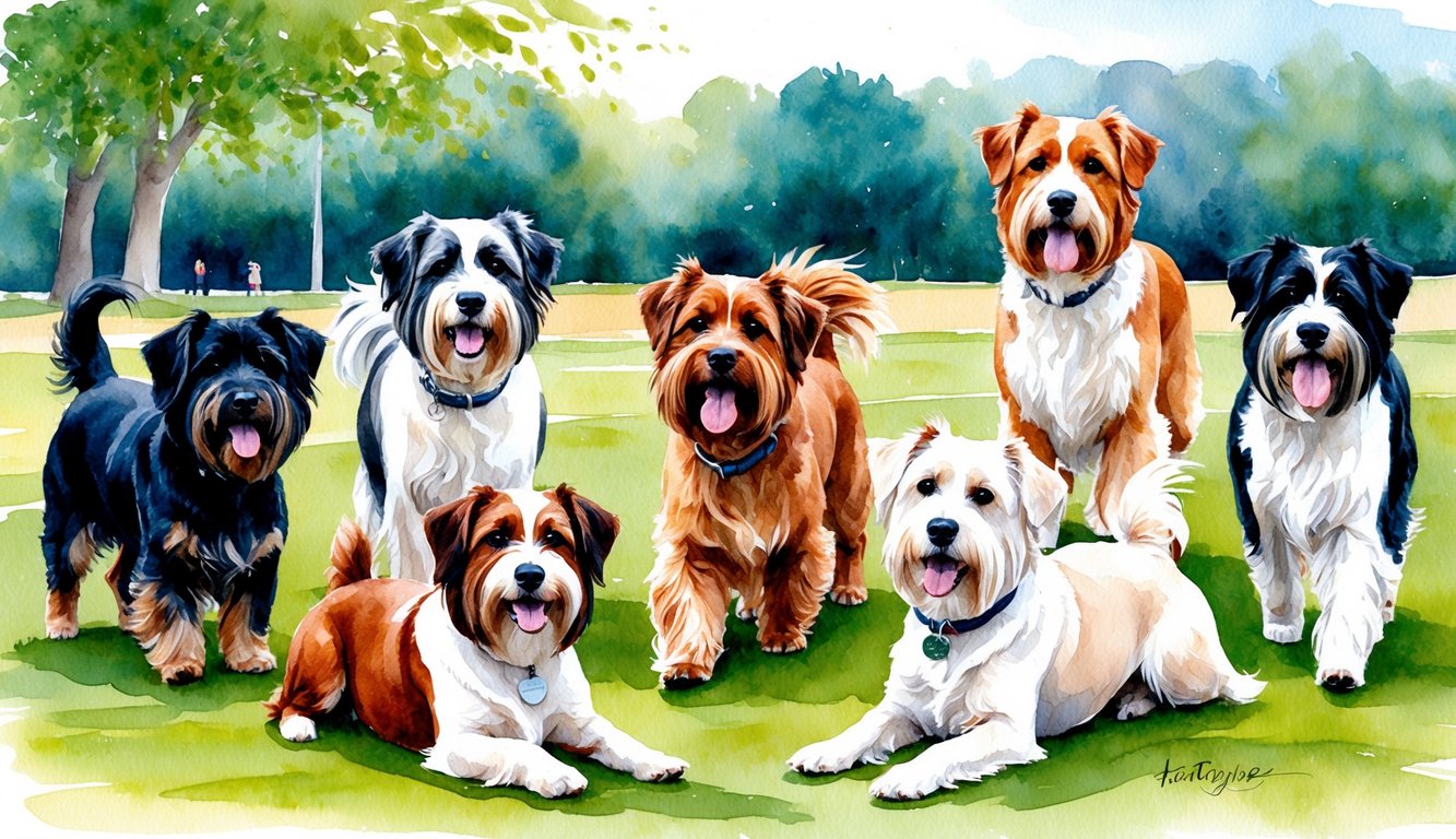 A group of Havanese dogs of various colors and sizes playing in a park