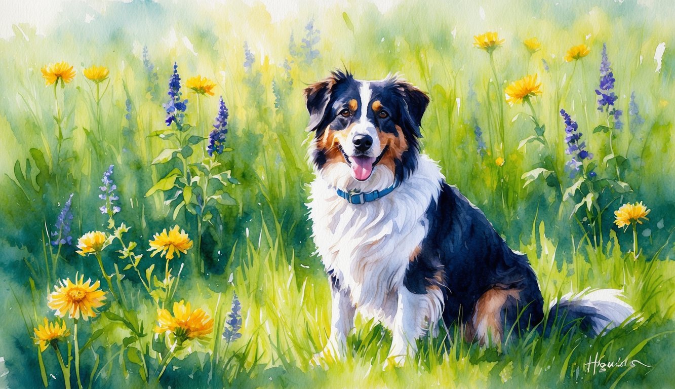A Hovawart dog sitting in a lush green meadow, surrounded by wildflowers, with a gentle breeze ruffling its fur