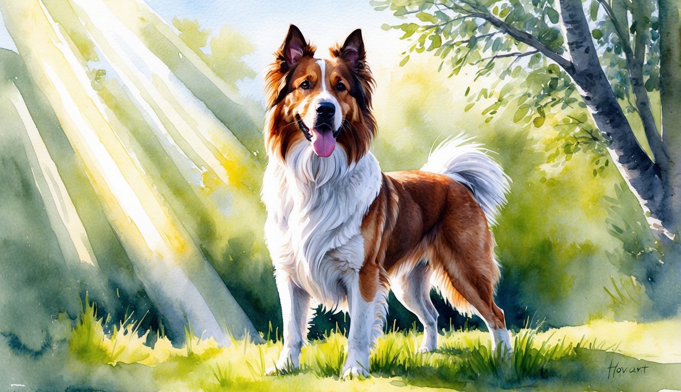A Hovawart dog standing proudly with a majestic pose, surrounded by nature and sunlight streaming through the trees