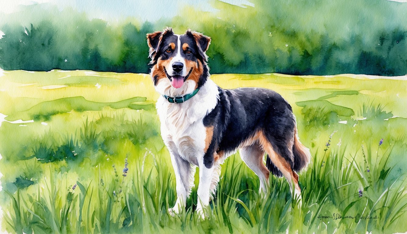A Hovawart dog standing proudly in a lush, green meadow
