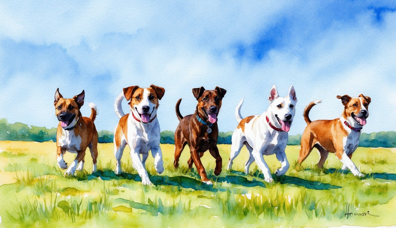 A group of Hovawart dogs playing in a grassy field under a clear blue sky