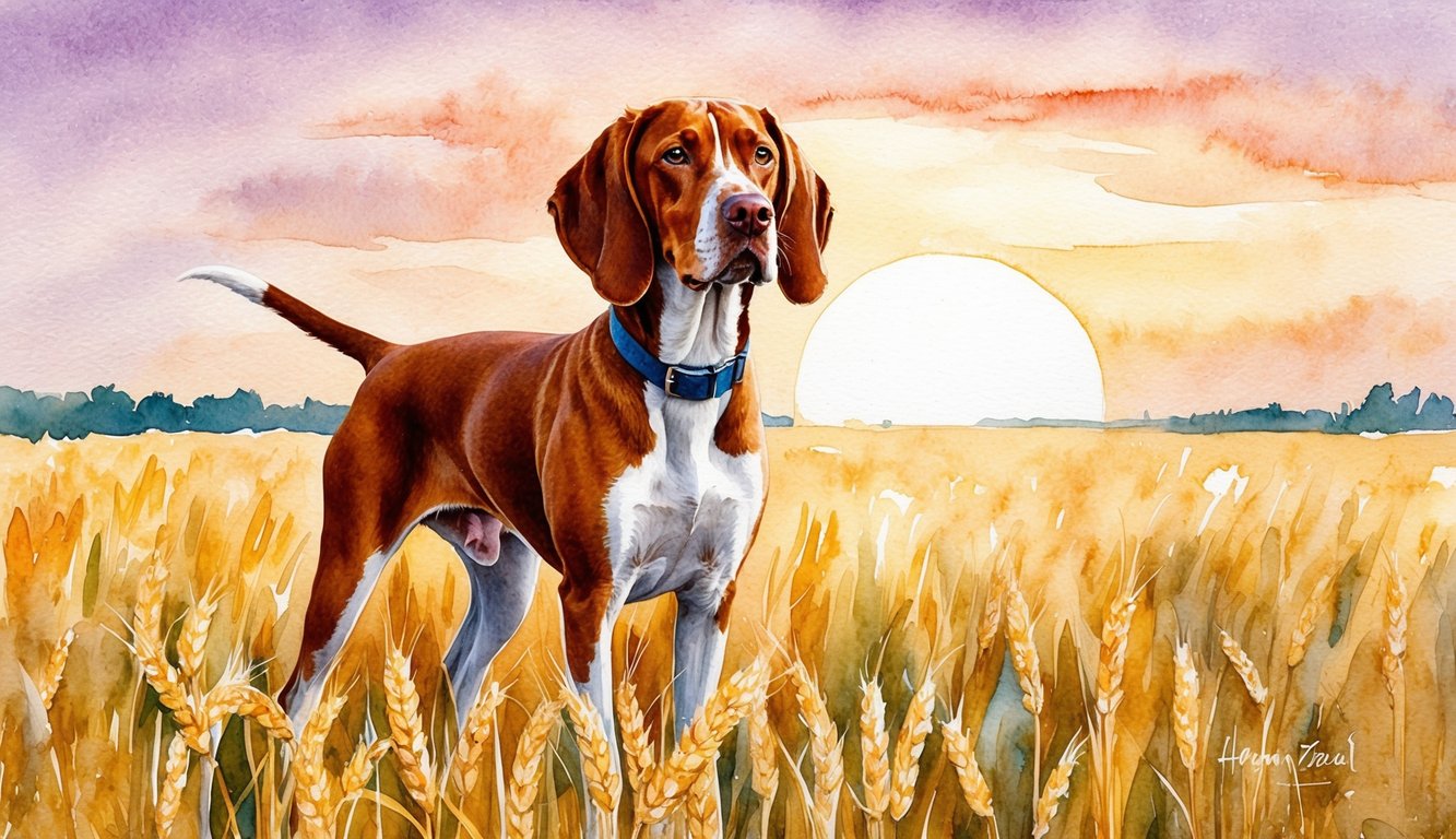 A Hungarian Vizsla standing in a field of golden wheat, with the sun setting in the background, casting a warm glow on its rust-colored coat