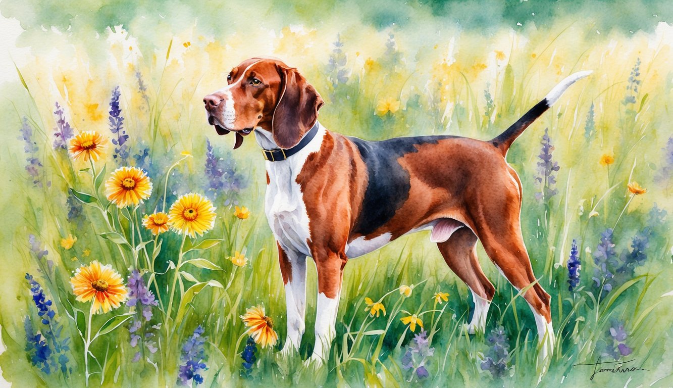 A proud Hungarian Vizsla stands in a field, head held high with a regal expression, surrounded by vibrant wildflowers