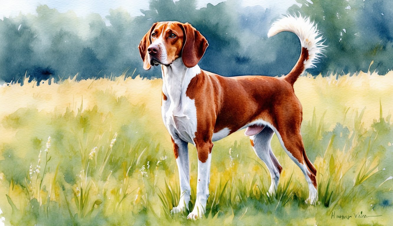 A proud Hungarian Vizsla stands in a field, ears alert, and tail held high, ready for action