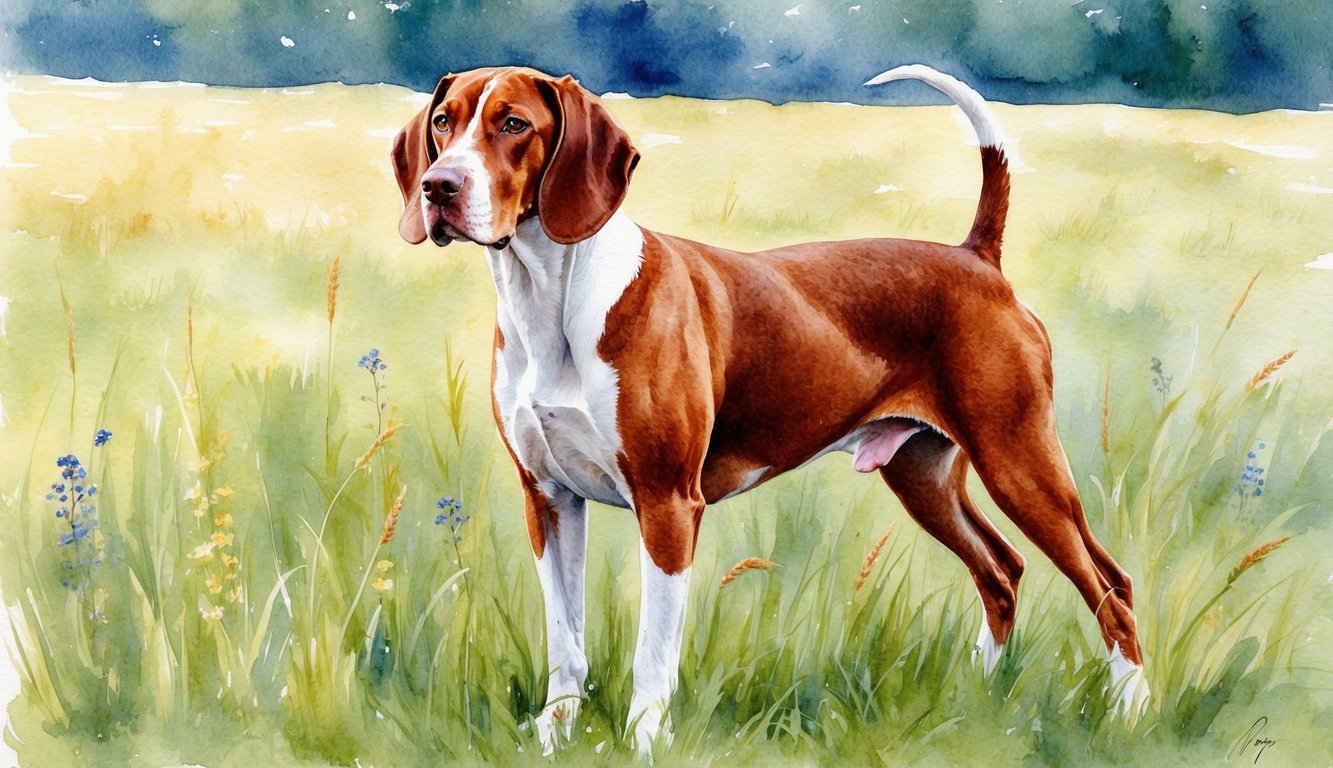 A Hungarian Vizsla stands proudly in a field, ears alert, with a regal and intelligent expression
