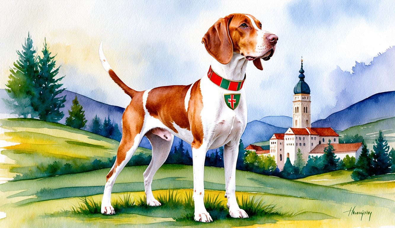 A Hungarian Vizsla standing proudly with a collar adorned with Hungarian symbols, surrounded by traditional Hungarian landscapes