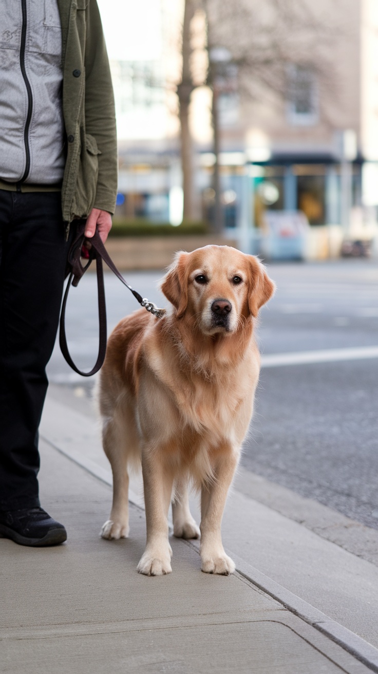 A golden retriever standing patiently at a crosswalk with its owner.
