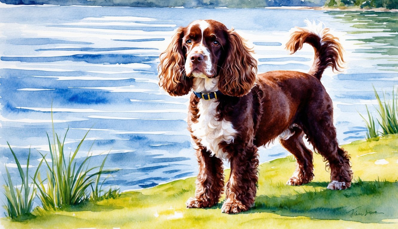 An Irish Water Spaniel stands proudly by a glistening lake, its curly, chocolate-colored coat catching the sunlight as it eagerly awaits its owner's command