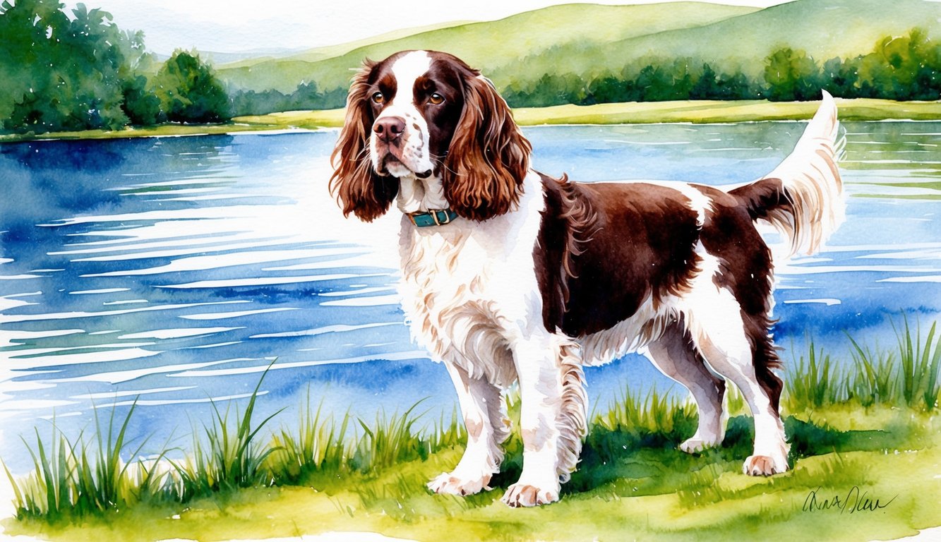 An Irish Water Spaniel standing proudly by a shimmering lake, with a lush green landscape in the background