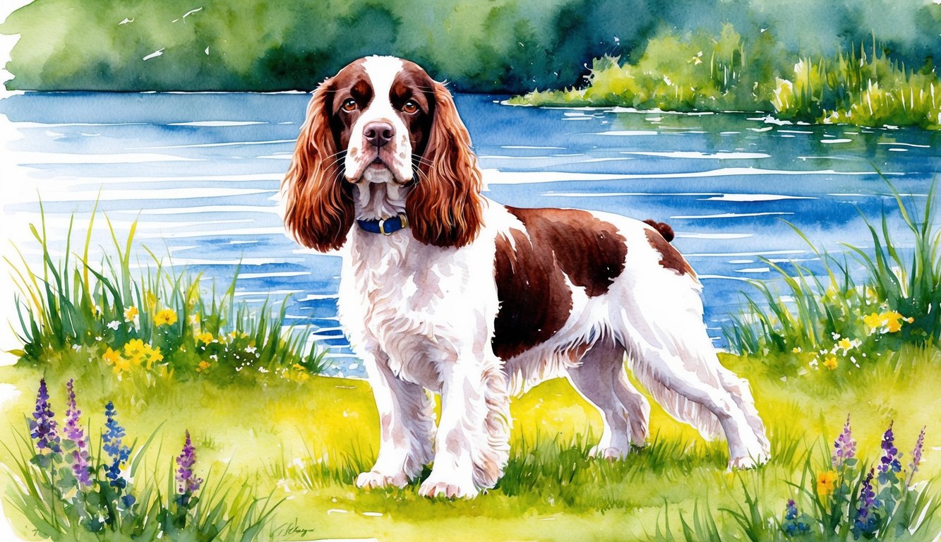 A female Irish Water Spaniel stands proudly by a shimmering lake, surrounded by lush greenery and wildflowers