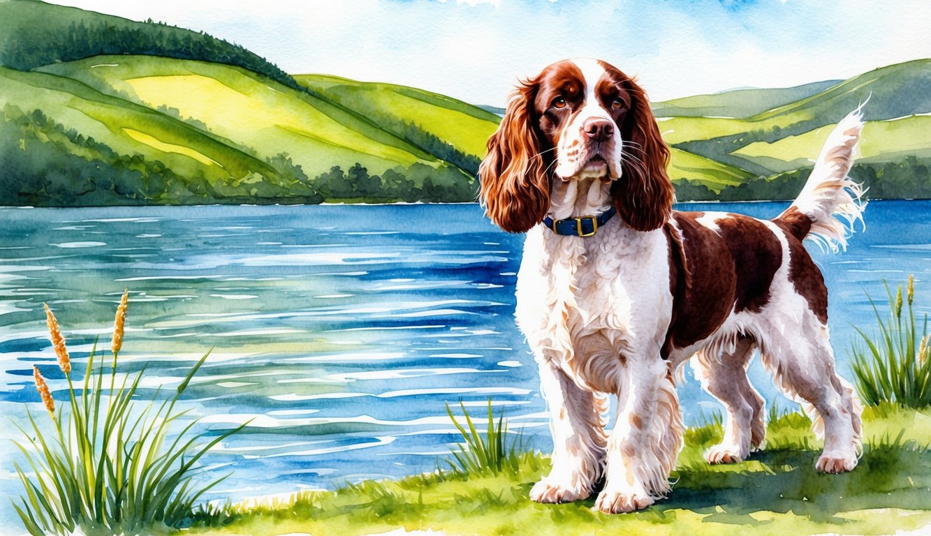 An Irish Water Spaniel standing proudly beside a shimmering lake, with lush green hills in the background