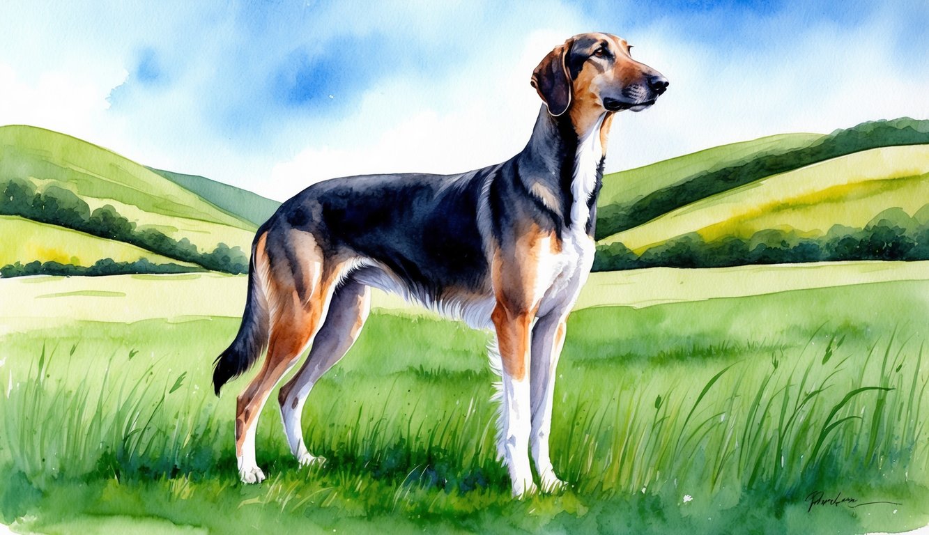 An Irish Wolfhound standing proudly in a lush green field, surrounded by rolling hills and a clear blue sky