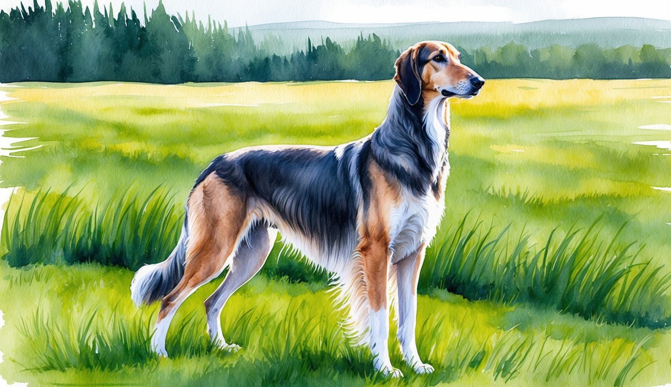 A majestic Irish Wolfhound stands proudly in a lush green field, its long, flowing fur catching the sunlight as it gazes off into the distance