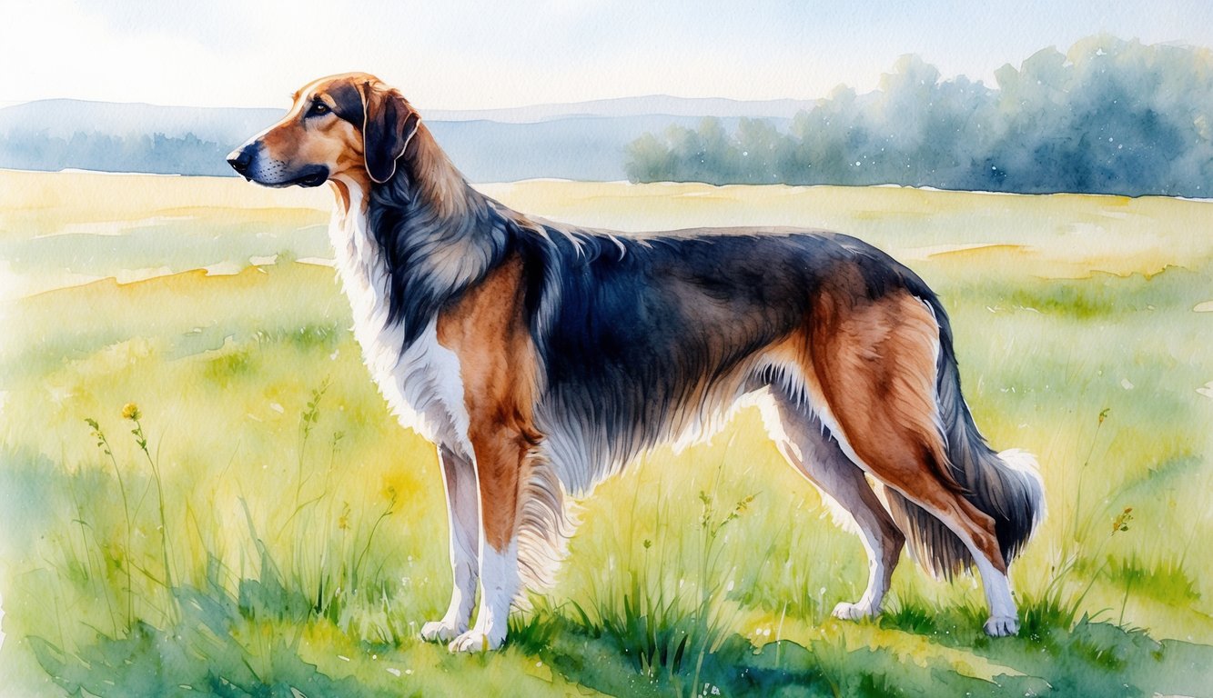 A majestic Irish Wolfhound stands proudly in a grassy field, her long, flowing coat catching the sunlight as she gazes off into the distance