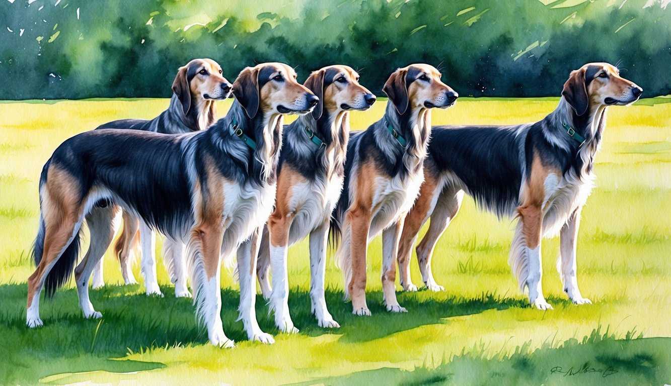 A group of regal Irish Wolfhounds stand in a lush green field, their long, flowing coats catching the sunlight as they look off into the distance
