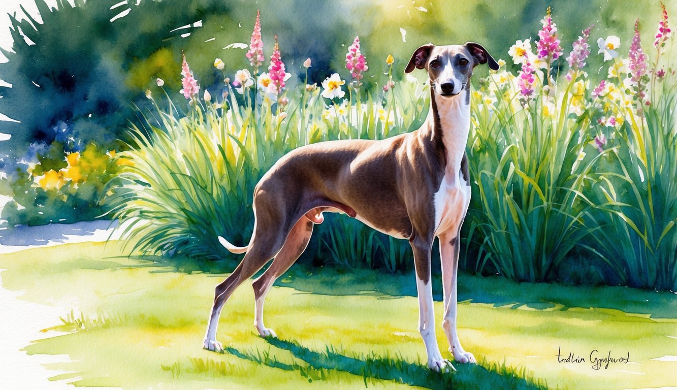 An Italian Greyhound stands gracefully in a sunlit garden, surrounded by blooming flowers and tall grass