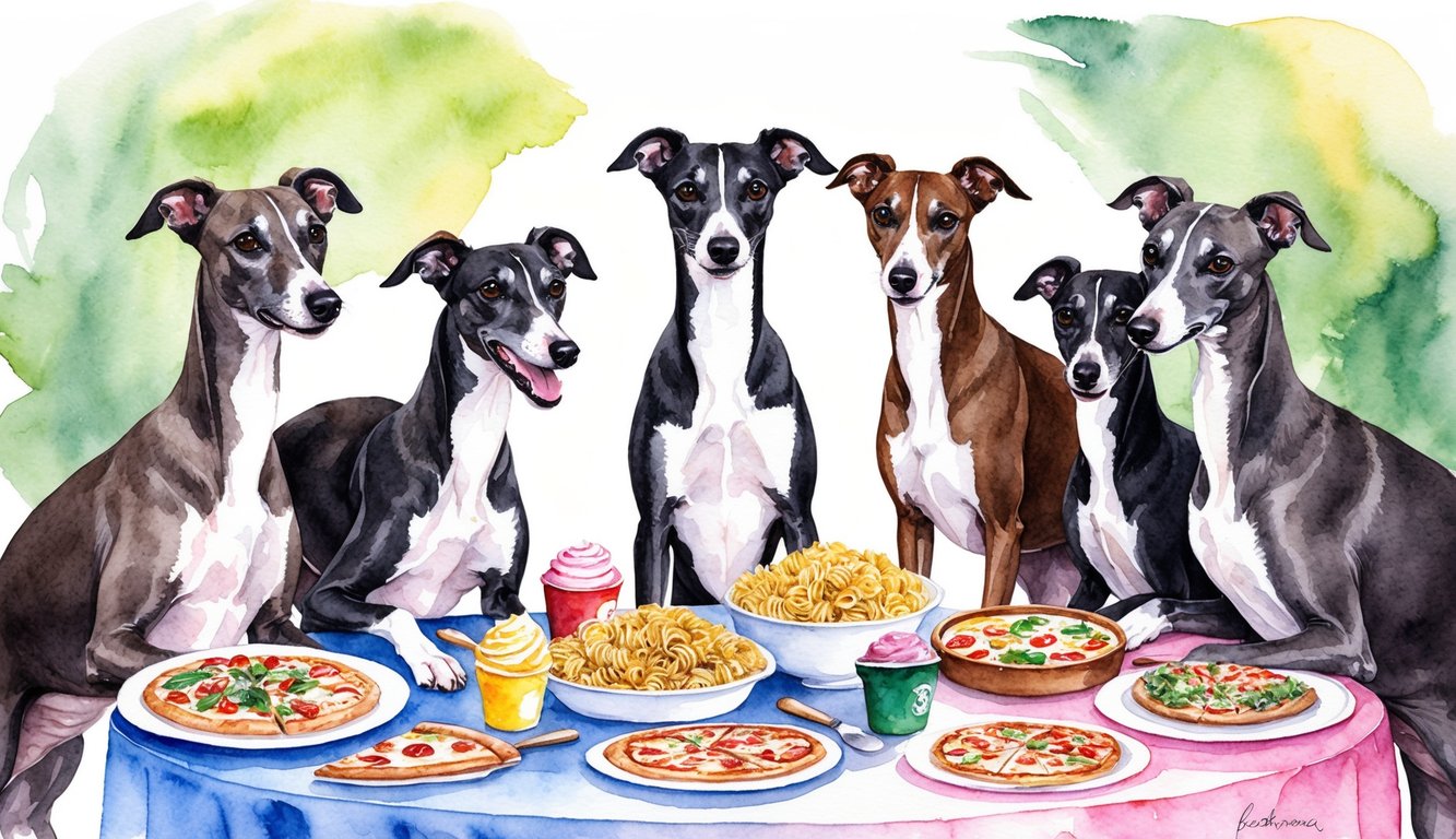 A group of Italian Greyhounds playfully gather around a table filled with Italian-themed items, such as pasta, pizza, and gelato