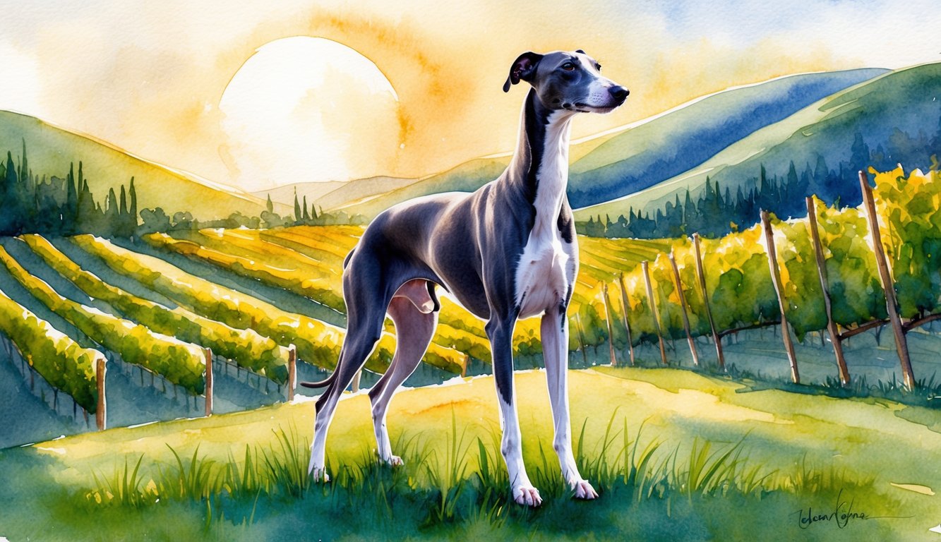 An Italian Greyhound stands proudly amidst rolling hills and vineyards, with a warm Mediterranean sun casting a golden glow over the scene