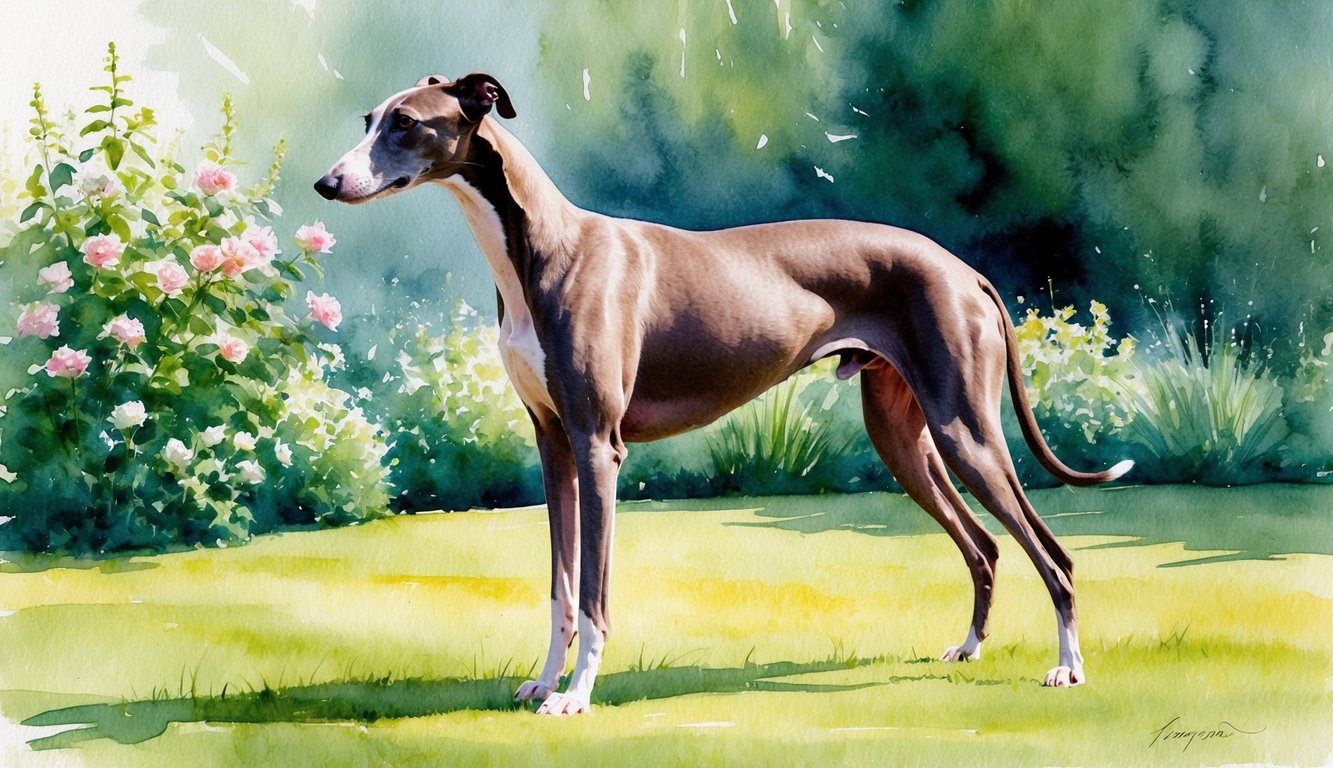 A sleek Italian Greyhound stands in a sunlit garden, surrounded by blooming flowers and a gentle breeze