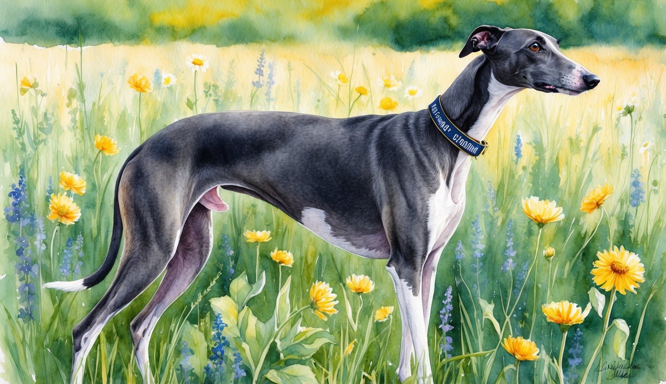 An Italian Greyhound standing in a field of wildflowers, with a collar featuring the unisex Italian Greyhound names