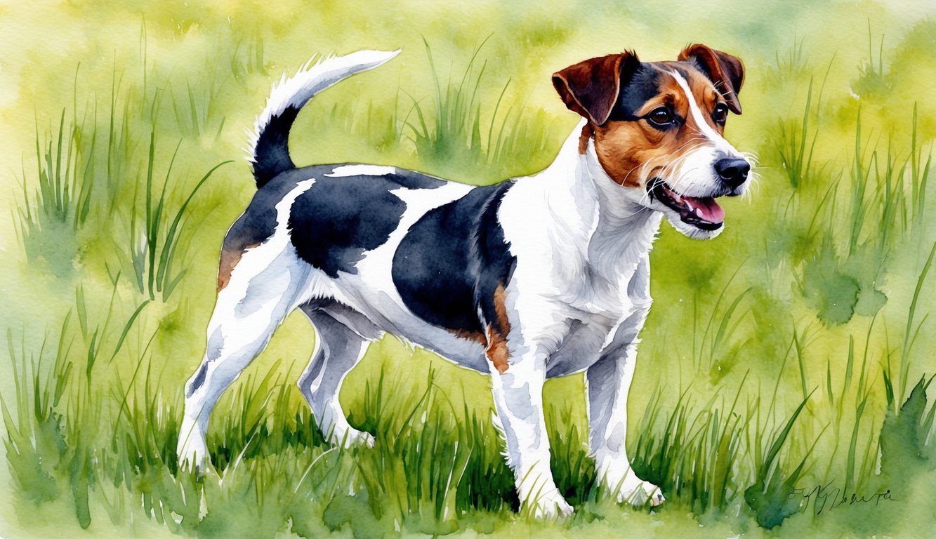 A Jack Russell terrier stands on a grassy field, looking alert with its ears perked up and tail wagging