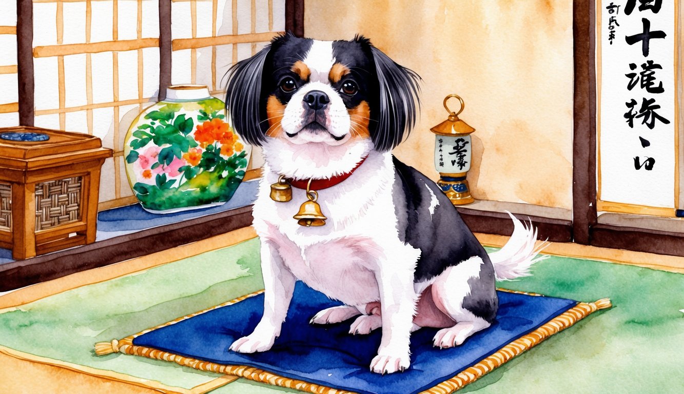 A Japanese Chin dog sits on a tatami mat, surrounded by traditional Japanese decor. The dog has a collar with a bell and a name tag