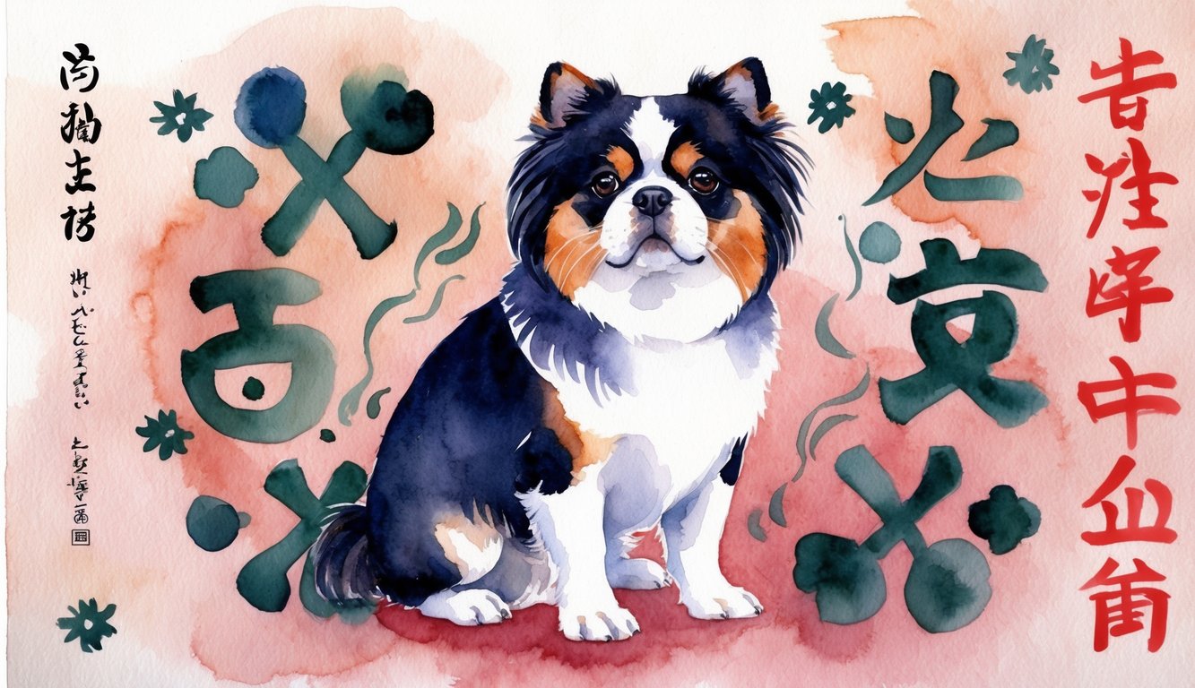 A Japanese Chin dog surrounded by traditional Japanese symbols and motifs