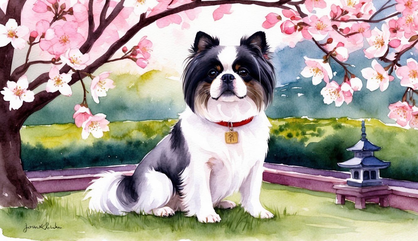 A Japanese Chin dog surrounded by cherry blossoms in a traditional Japanese garden