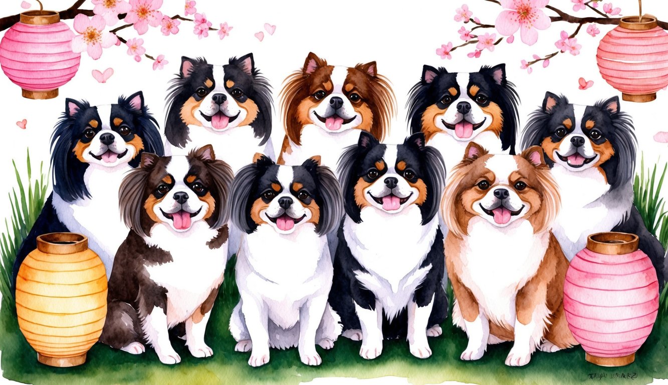 A group of Japanese Chin dogs with distinctive features and playful expressions, surrounded by traditional Japanese elements like cherry blossoms and paper lanterns