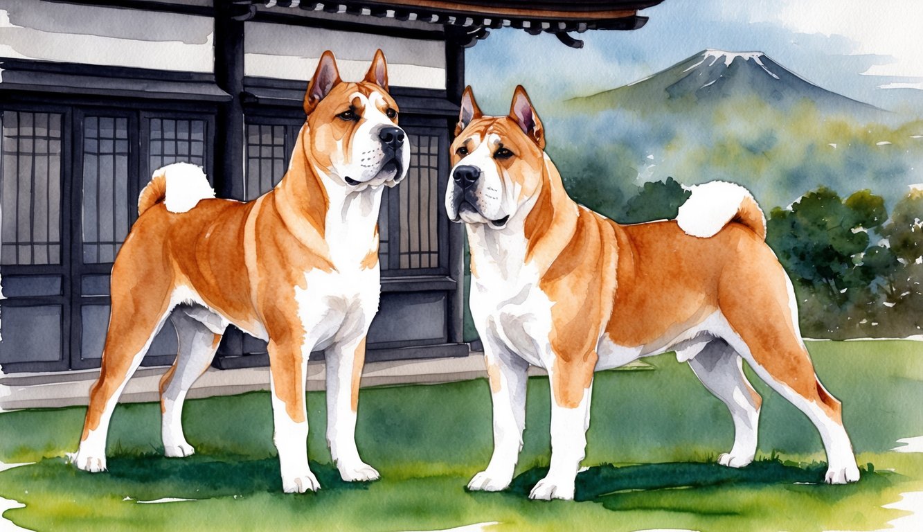 A majestic Japanese Tosa dog standing proudly with a traditional Japanese backdrop