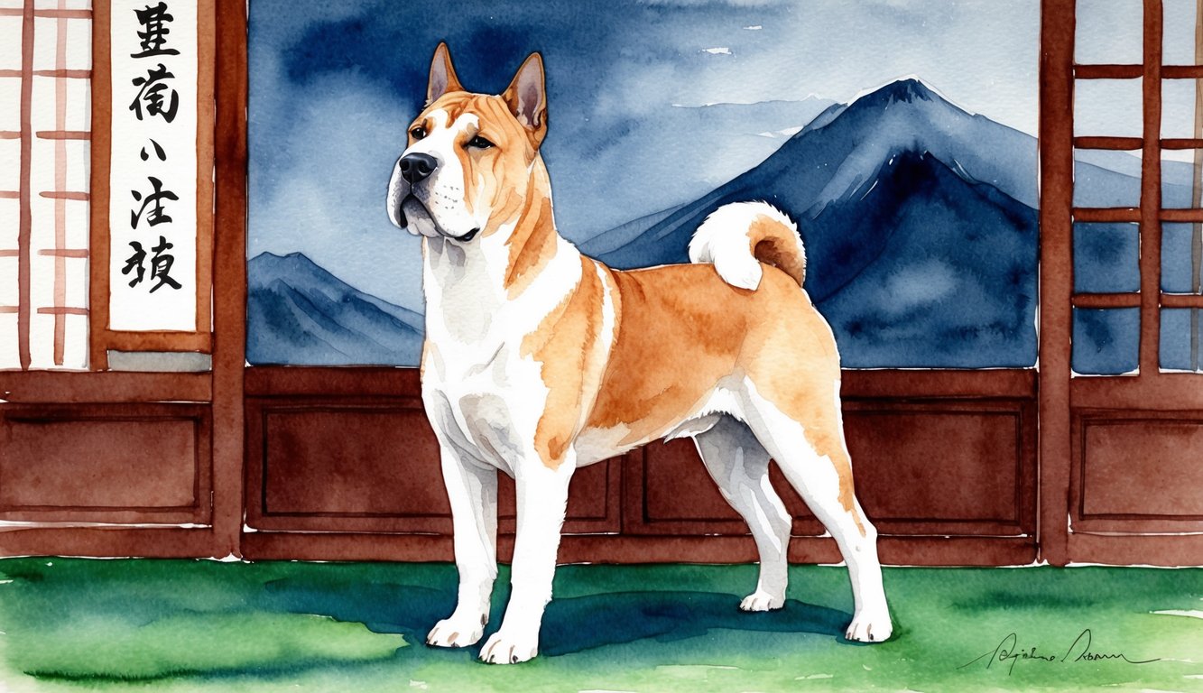 A majestic Japanese Tosa dog standing proudly with a traditional Japanese backdrop