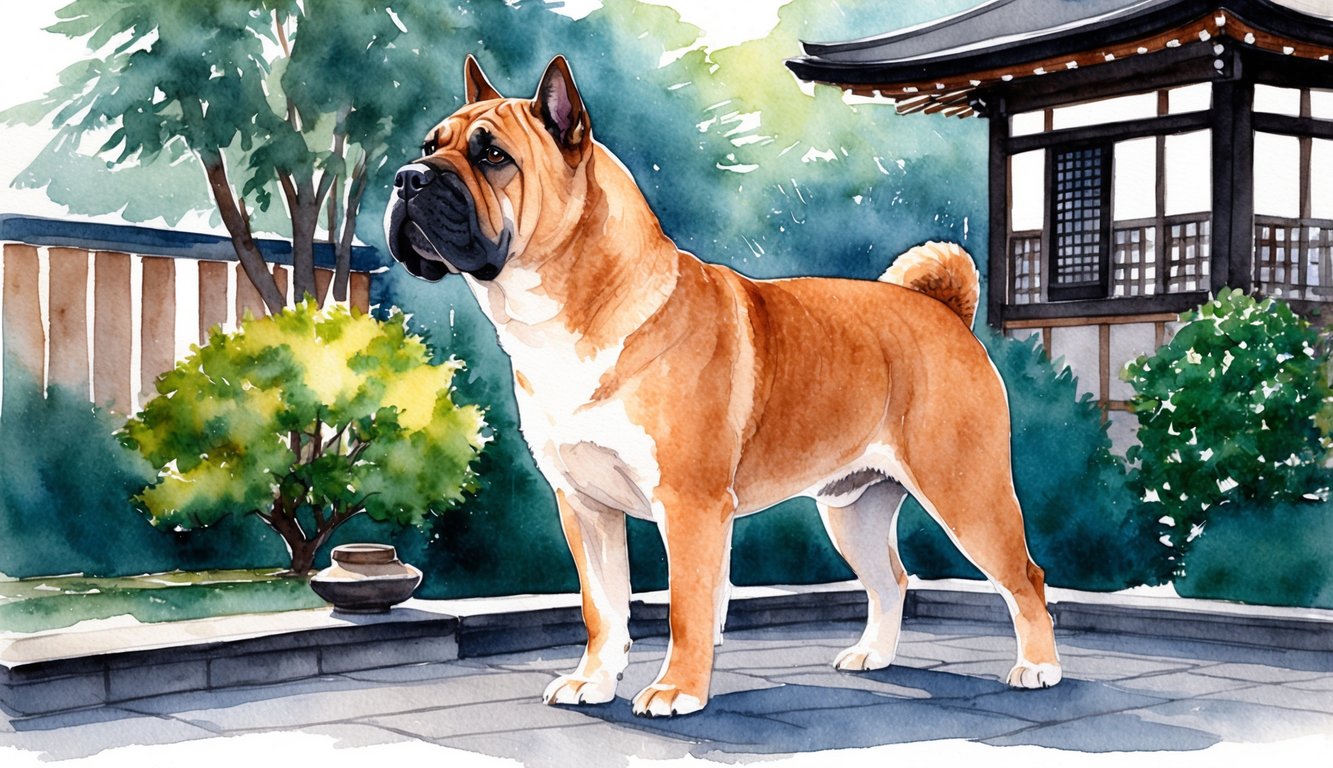 A regal female Japanese Tosa stands proudly amidst a traditional Japanese garden