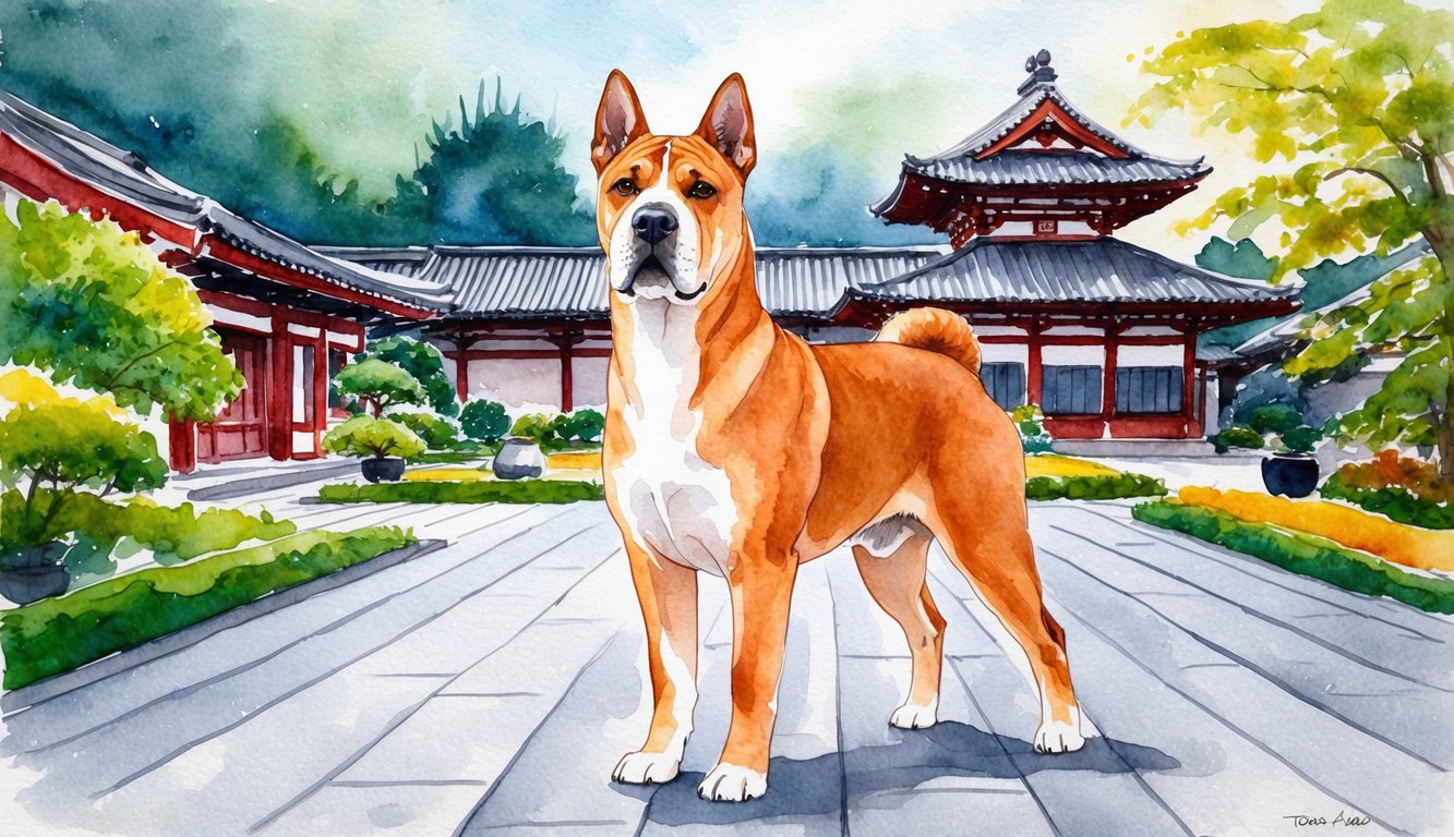 A Japanese Tosa dog standing proudly with a traditional Japanese garden in the background