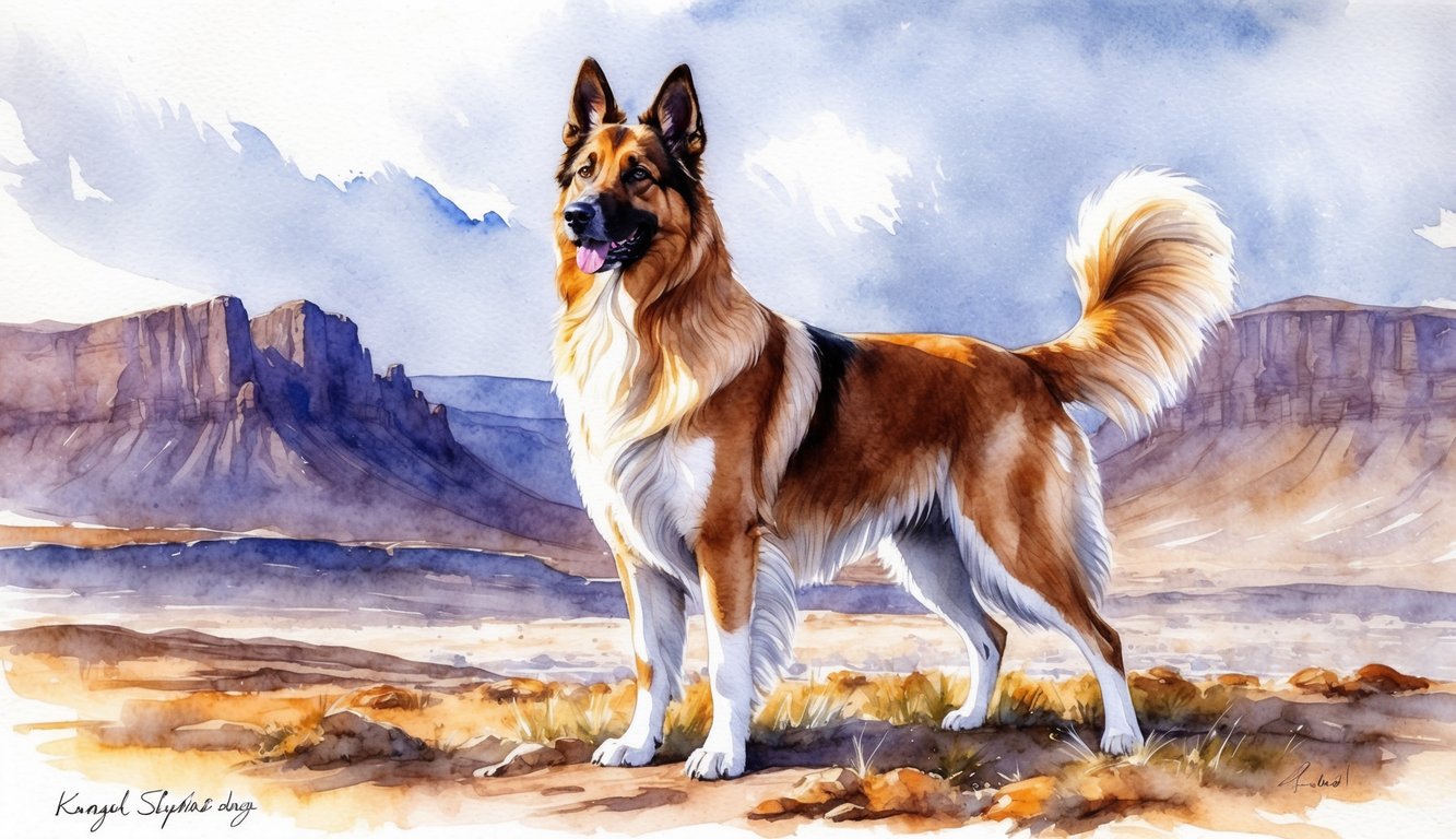 A majestic Kangal Shepherd dog standing proudly in a vast, rugged landscape, with a sense of strength and loyalty emanating from its powerful presence