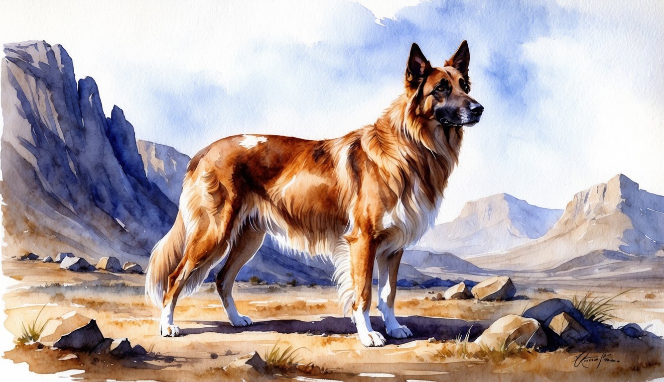 A majestic female Kangal Shepherd stands proudly in a vast, rugged landscape, her powerful form exuding strength and loyalty
