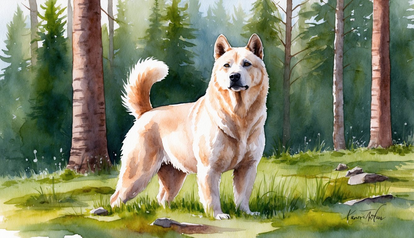 A Karelian Bear Dog stands proudly amidst a forest clearing, ears perked and tail raised, exuding strength and grace