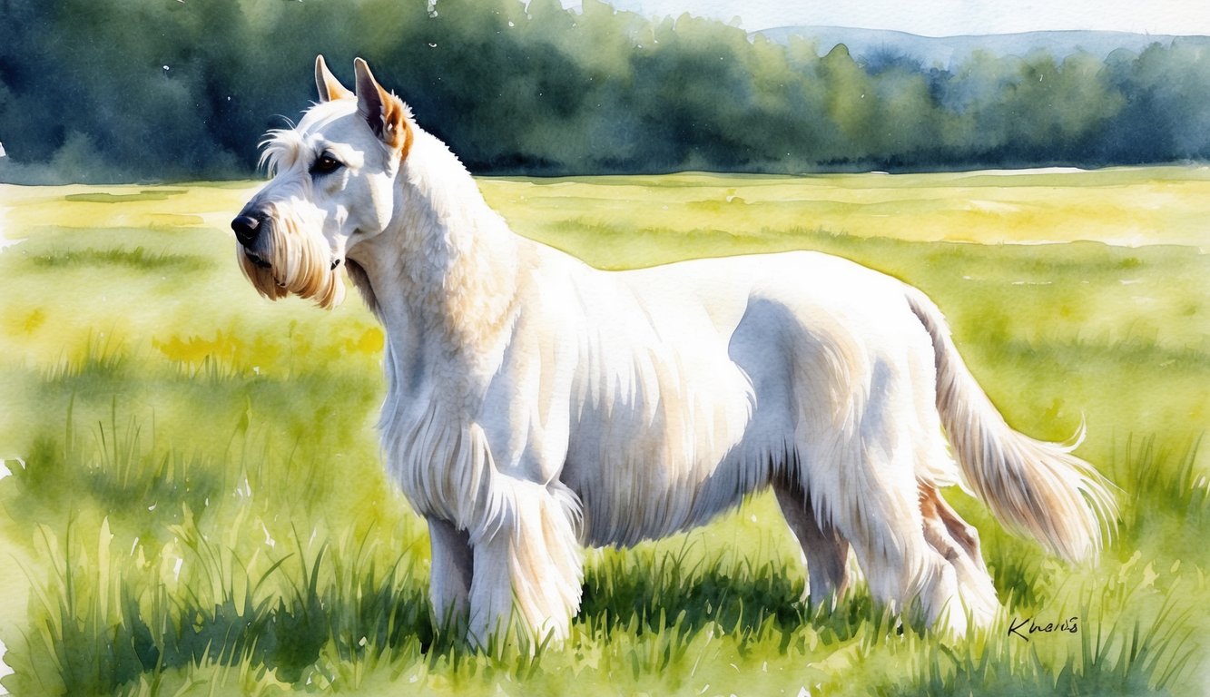 A majestic Kuvasz stands proudly in a grassy field, its thick white coat glowing in the sunlight as it gazes off into the distance