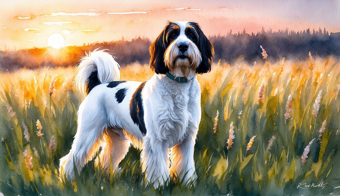 A majestic Kuvasz dog standing proudly in a field of tall grass, with the sun setting behind her, casting a warm golden glow over her white fur