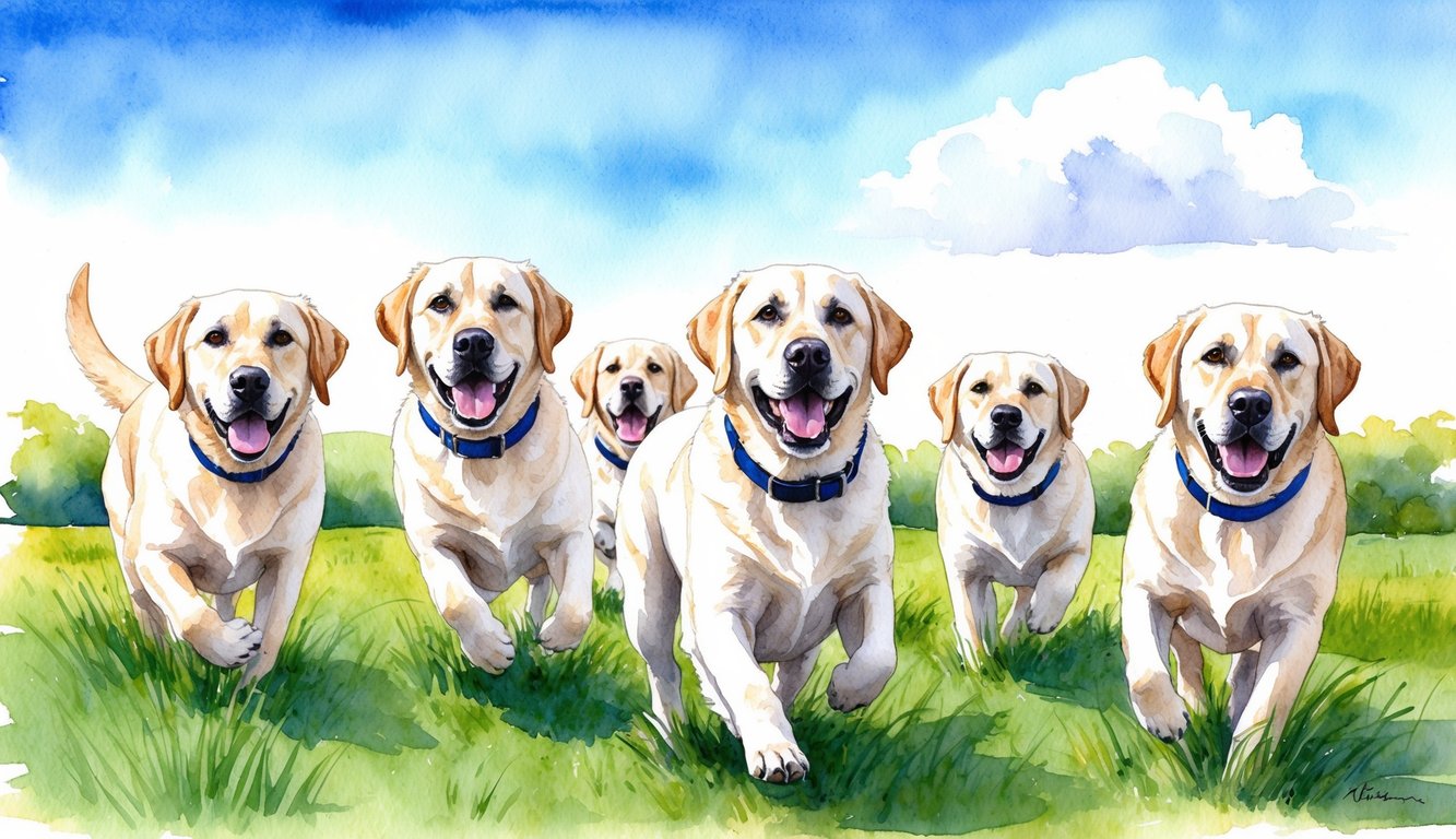 A group of happy Labrador Retrievers playing in a grassy field, with bright blue skies and a few fluffy white clouds in the background