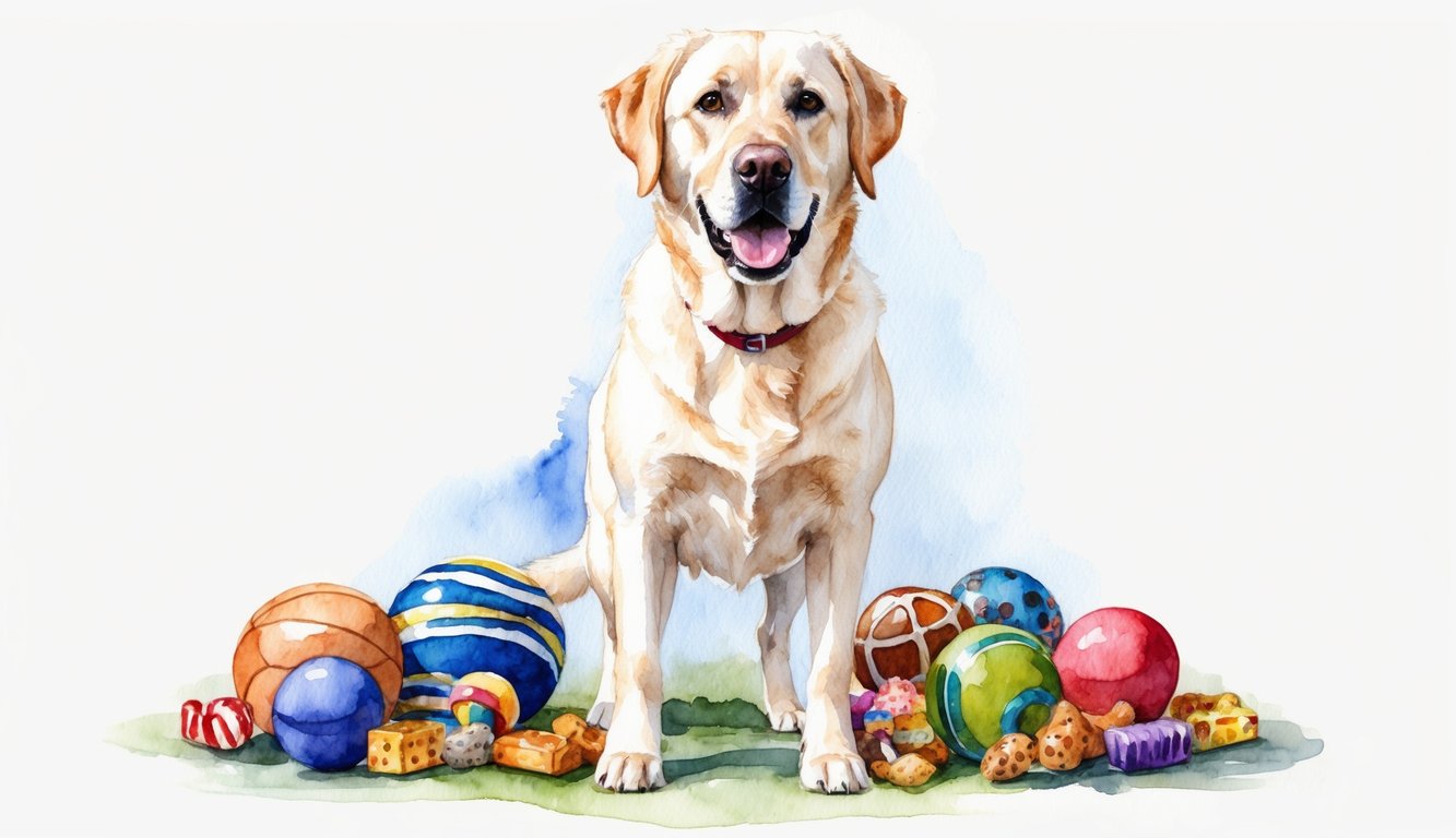 A Labrador Retriever standing proudly with a wagging tail, surrounded by a variety of toys and treats