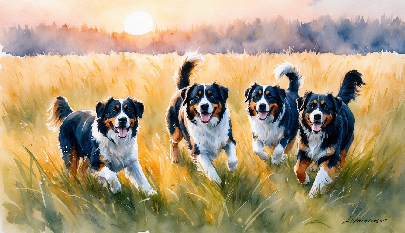 A group of Leonbergers playfully romp through a field of tall grass under the warm glow of the setting sun